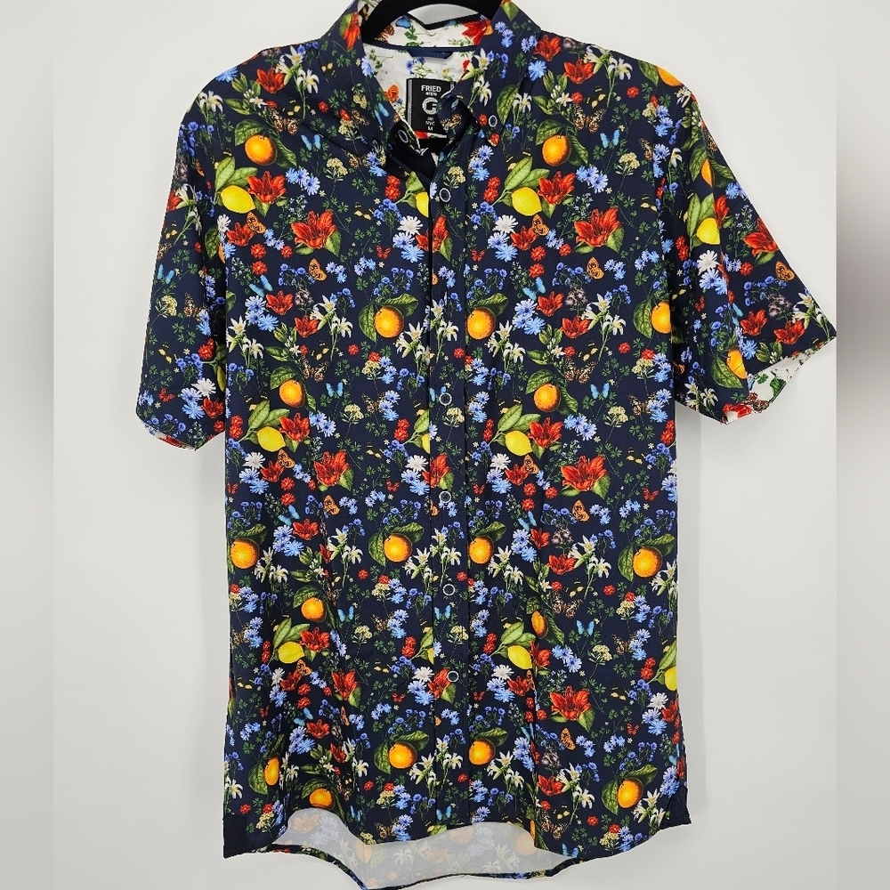 Floral & Fruit Short Sleeve Shirt - Black with Multicolor Print